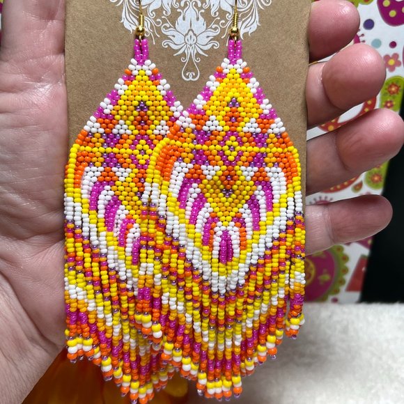 Hand Beaded Long Fringe Earrings Huge Southwest Tribal Ethnic Native Indian NWT - Picture 4 of 6